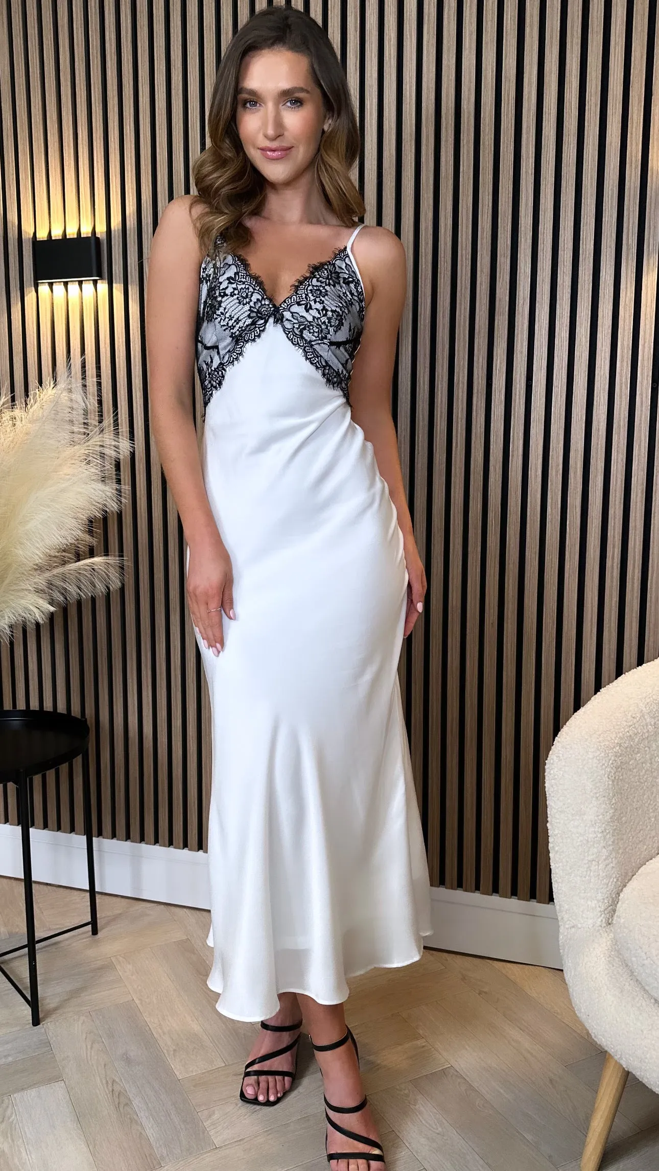 Muireann White With Black Lace Slip Midi Dress