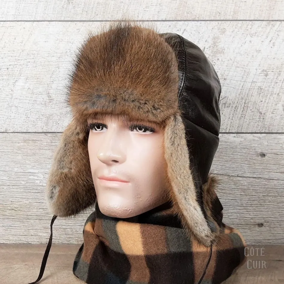 Natural Muskrat Fur Aviator Hat, Brown Leather - Charles Model