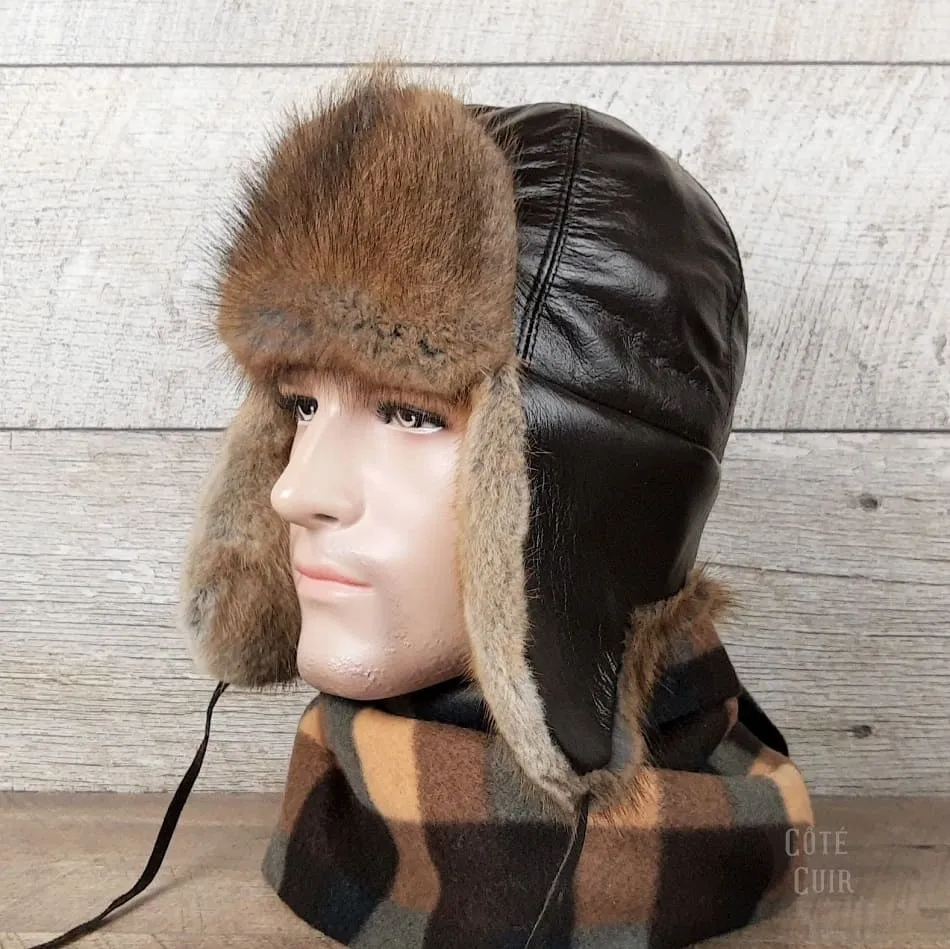 Natural Muskrat Fur Aviator Hat, Brown Leather - Charles Model