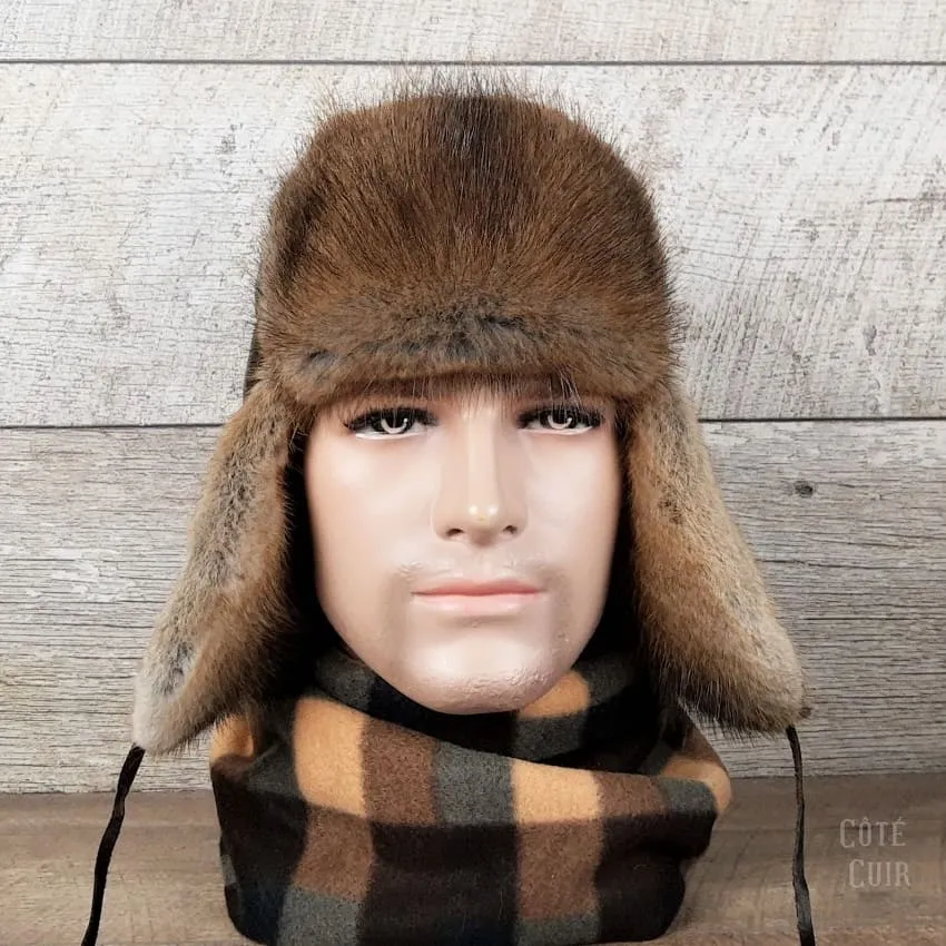 Natural Muskrat Fur Aviator Hat, Brown Leather - Charles Model
