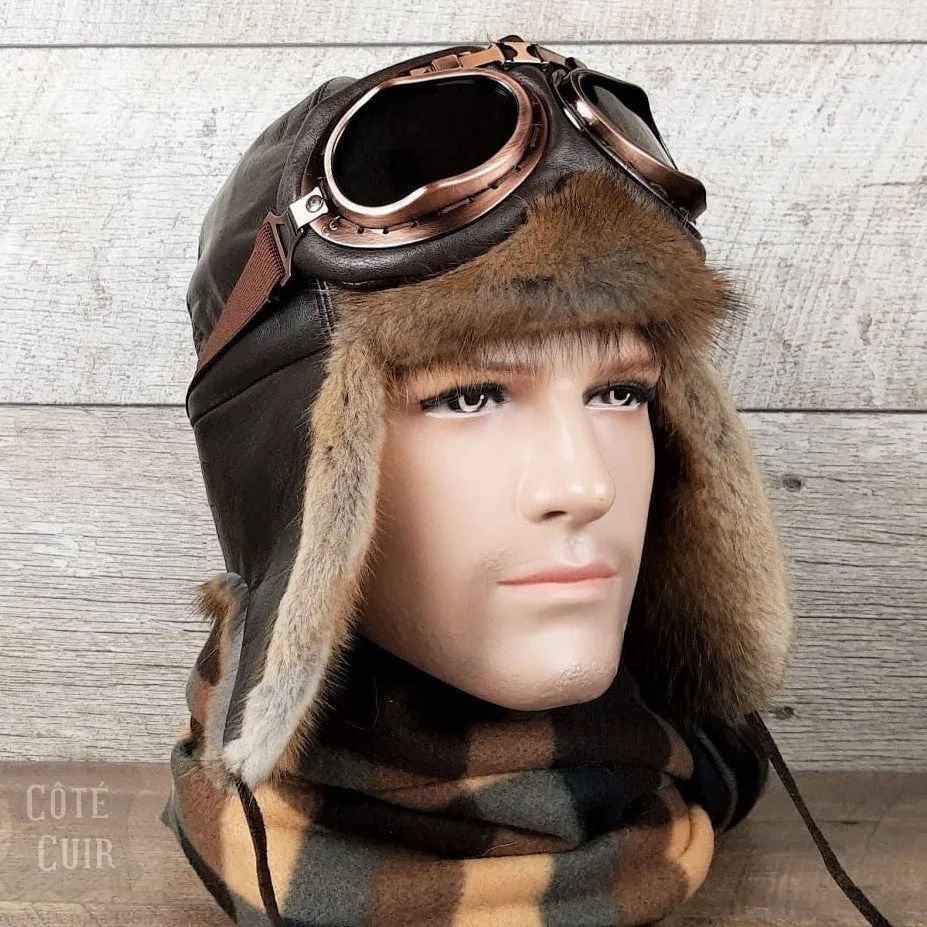 Natural Muskrat Fur Aviator Hat, Brown Leather - Charles Model