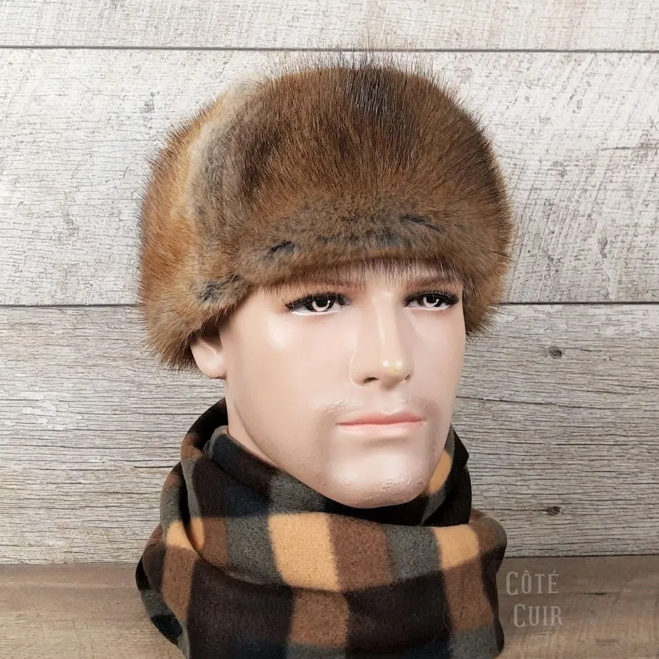 Natural Muskrat Fur Aviator Hat, Brown Leather - Charles Model