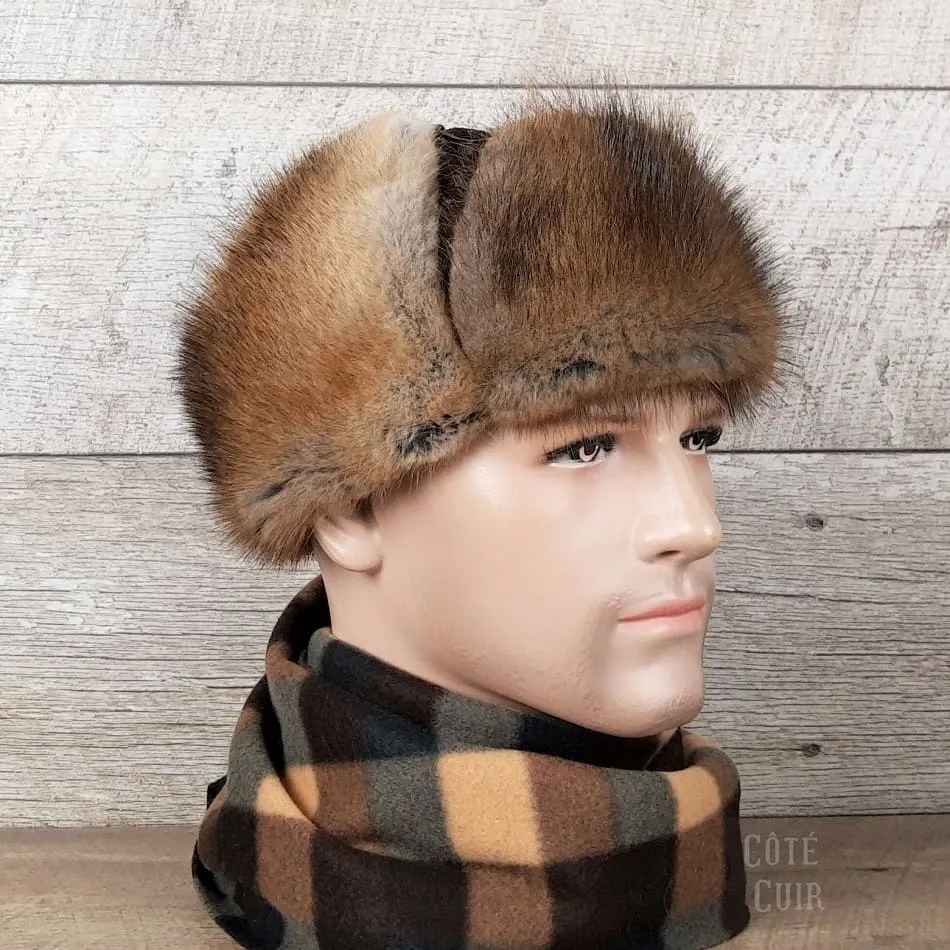 Natural Muskrat Fur Aviator Hat, Brown Leather - Charles Model