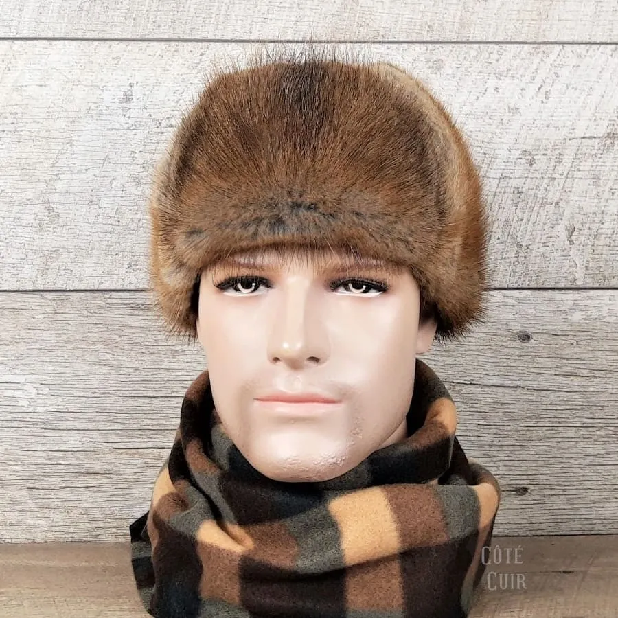 Natural Muskrat Fur Aviator Hat, Brown Leather - Charles Model
