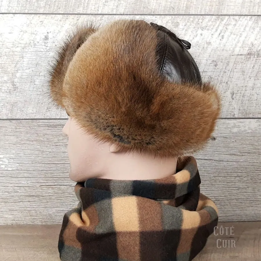 Natural Muskrat Fur Aviator Hat, Brown Leather - Charles Model