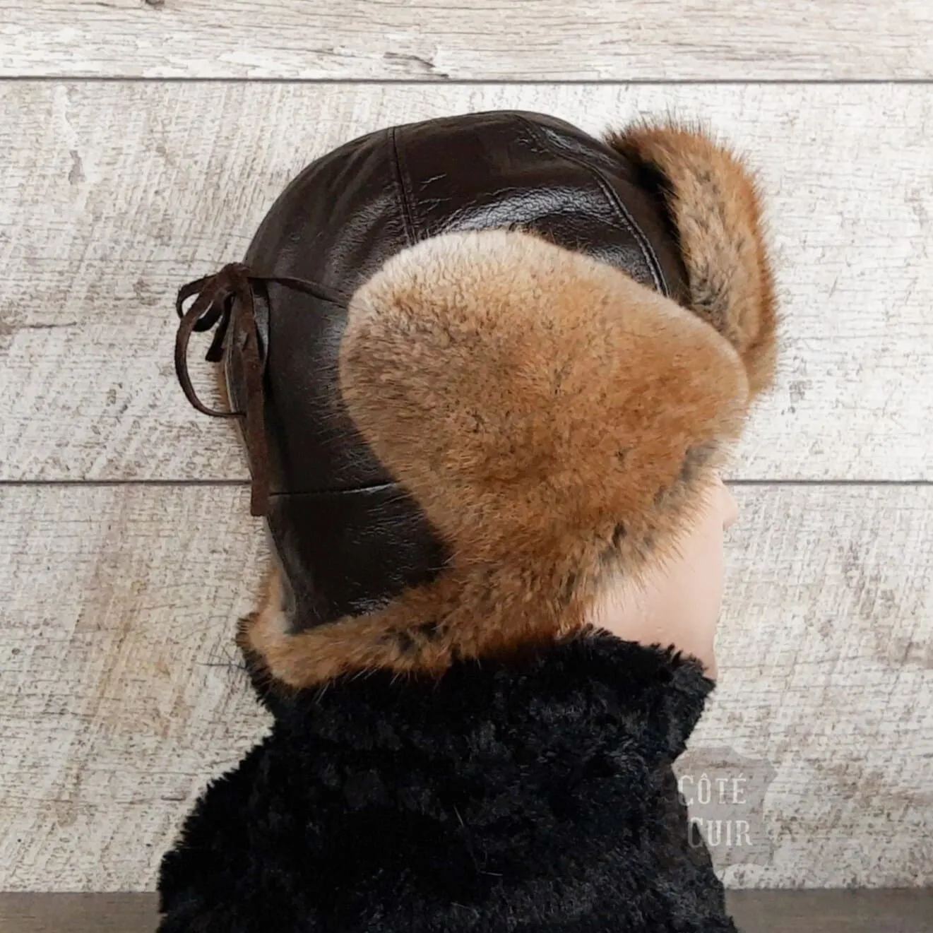 Natural Muskrat Fur Aviator Hat, Brown Leather - Charles Model