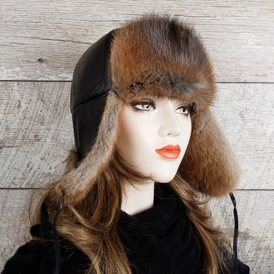 Natural Muskrat Fur Aviator Hat - Charles Model