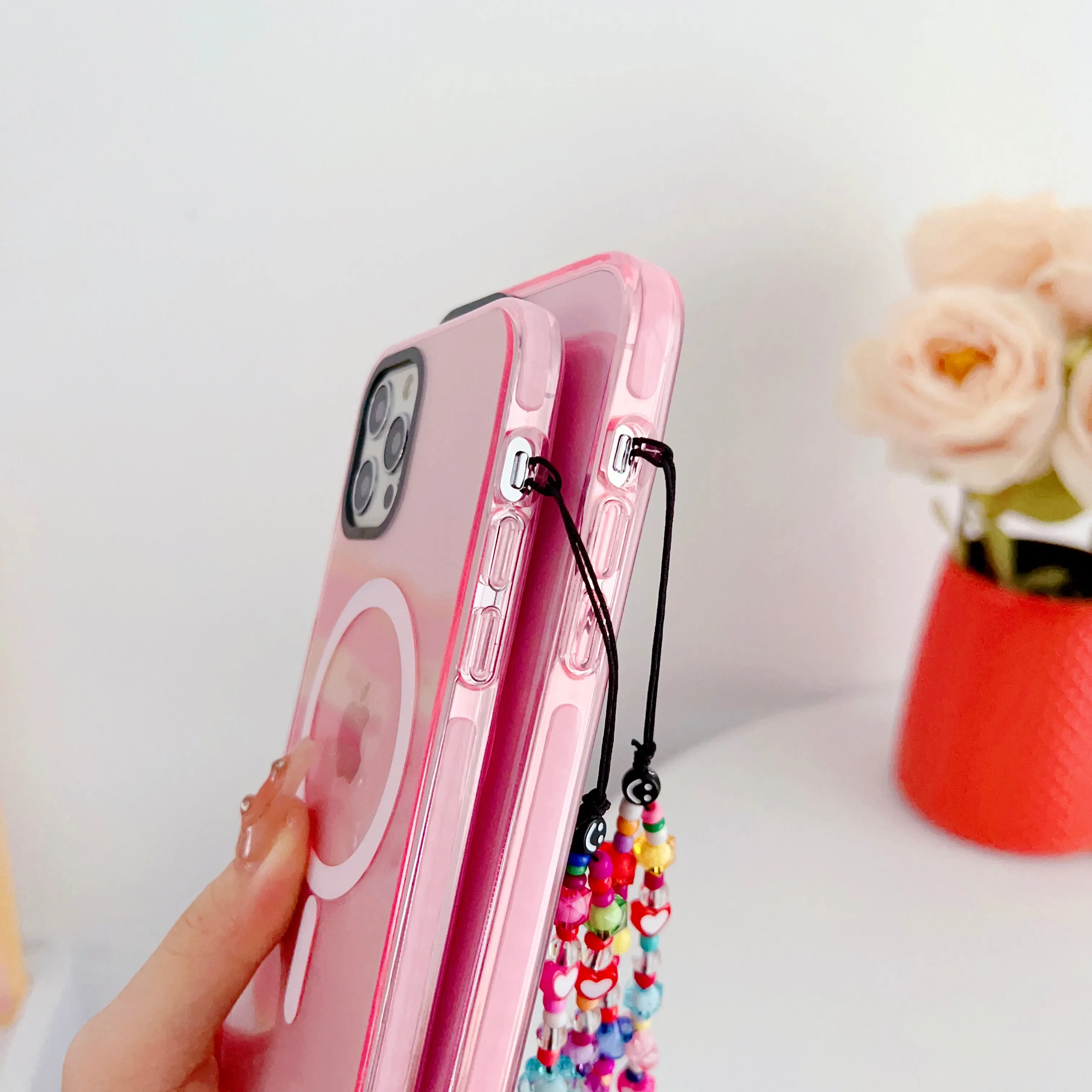 Pink Silicon Impact Case for iPhone With Magsafe And Flower Charm