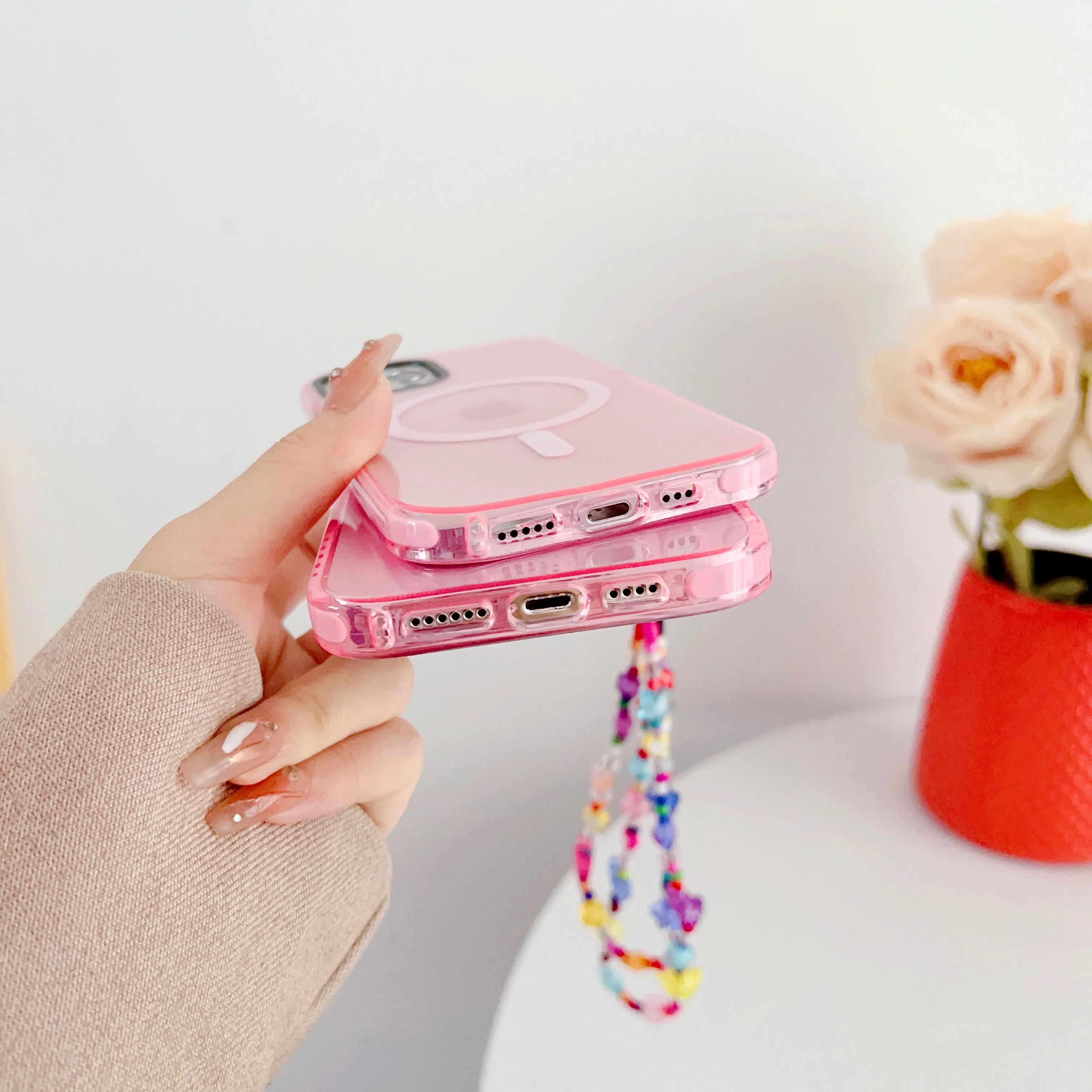 Pink Silicon Impact Case for iPhone With Magsafe And Flower Charm