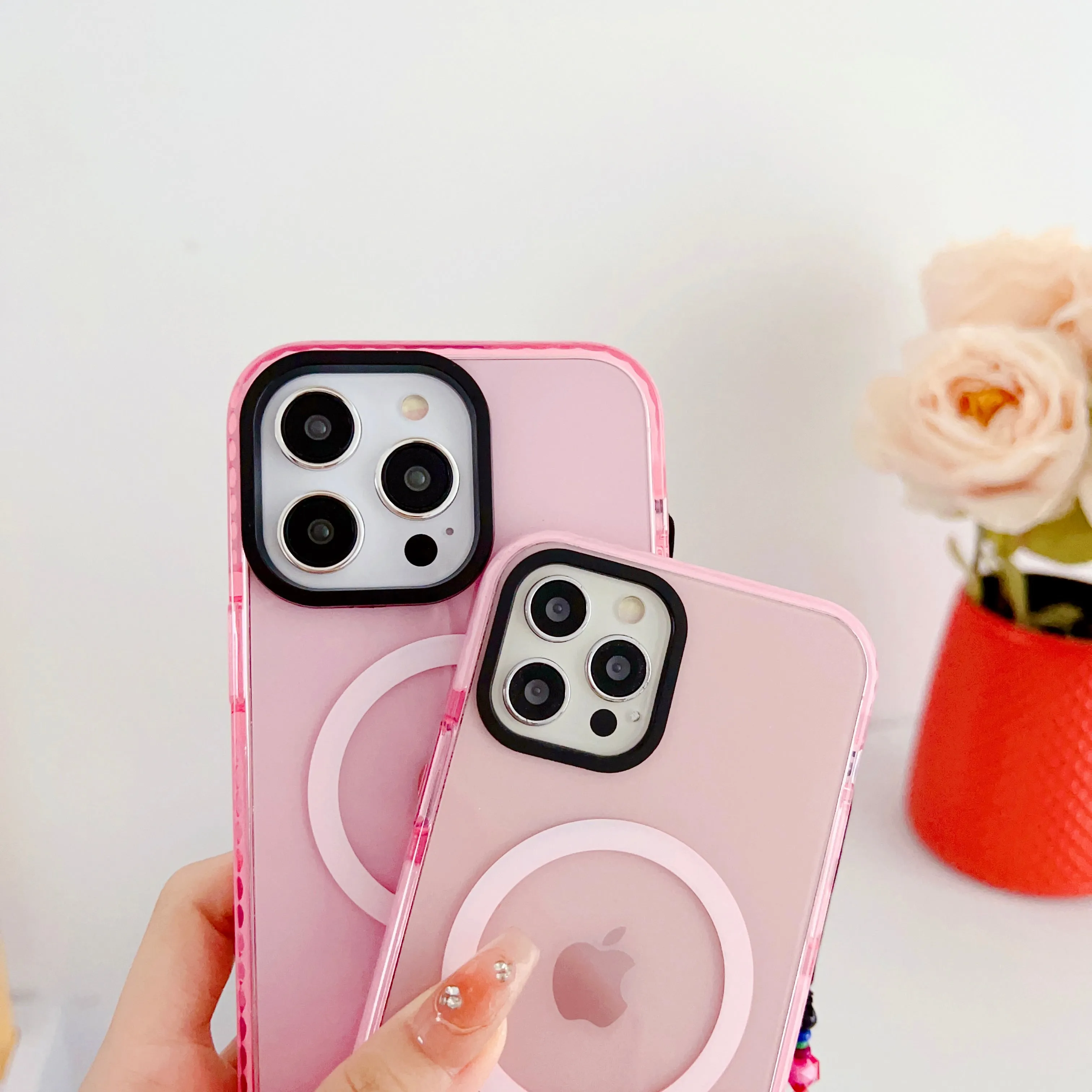 Pink Silicon Impact Case for iPhone With Magsafe And Flower Charm