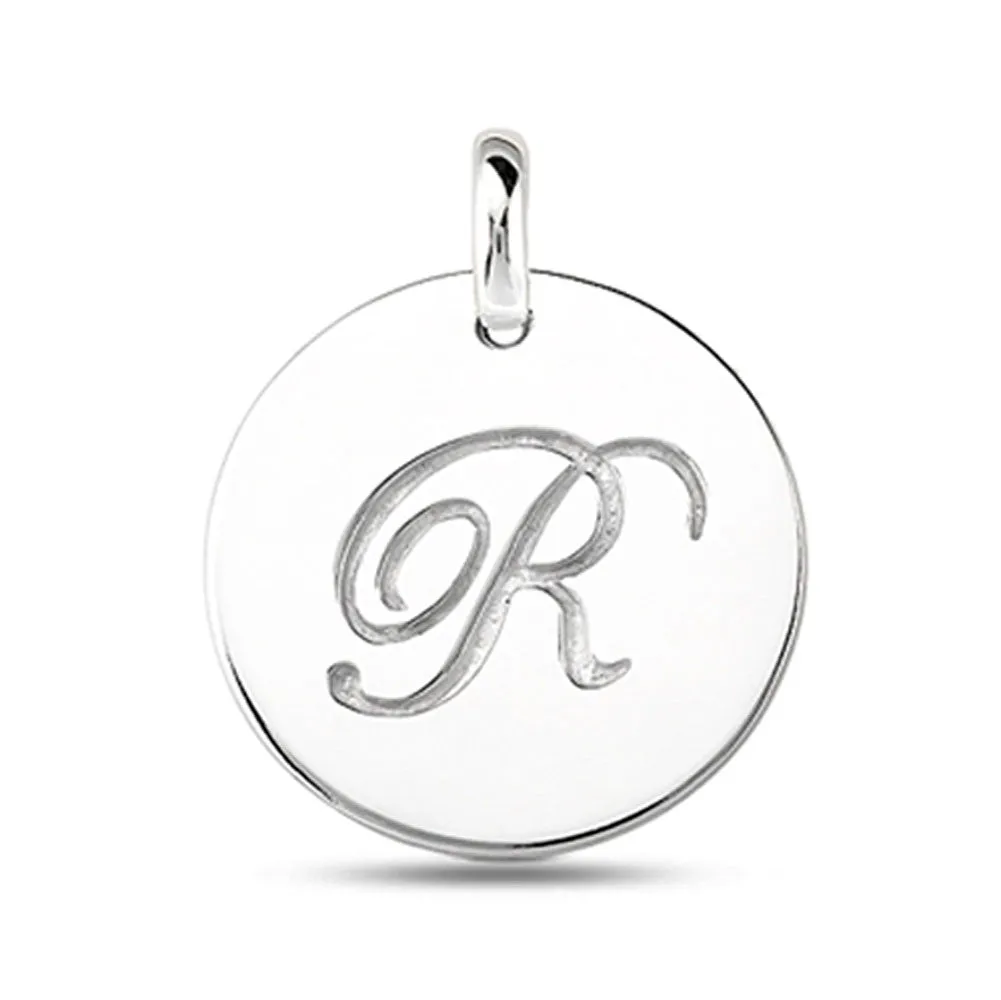 "R" 14K White Gold Script Engraved Initial  Disk Pendant