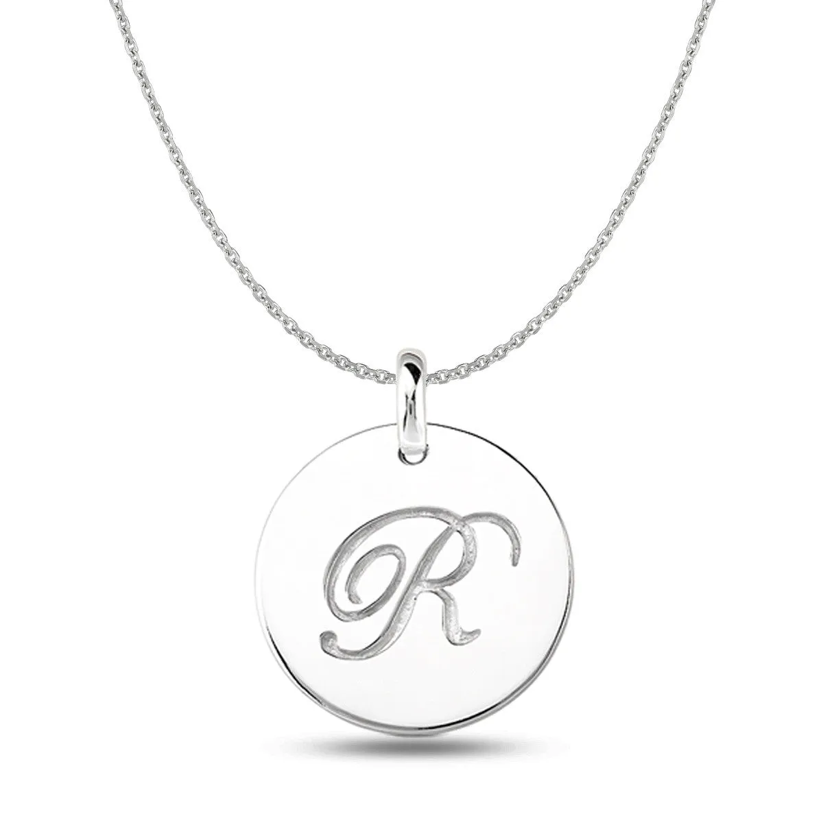 "R" 14K White Gold Script Engraved Initial  Disk Pendant