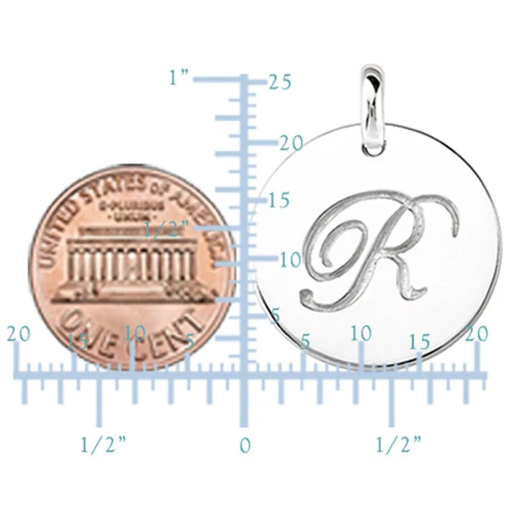 "R" 14K White Gold Script Engraved Initial  Disk Pendant