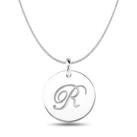 "R" 14K White Gold Script Engraved Initial  Disk Pendant