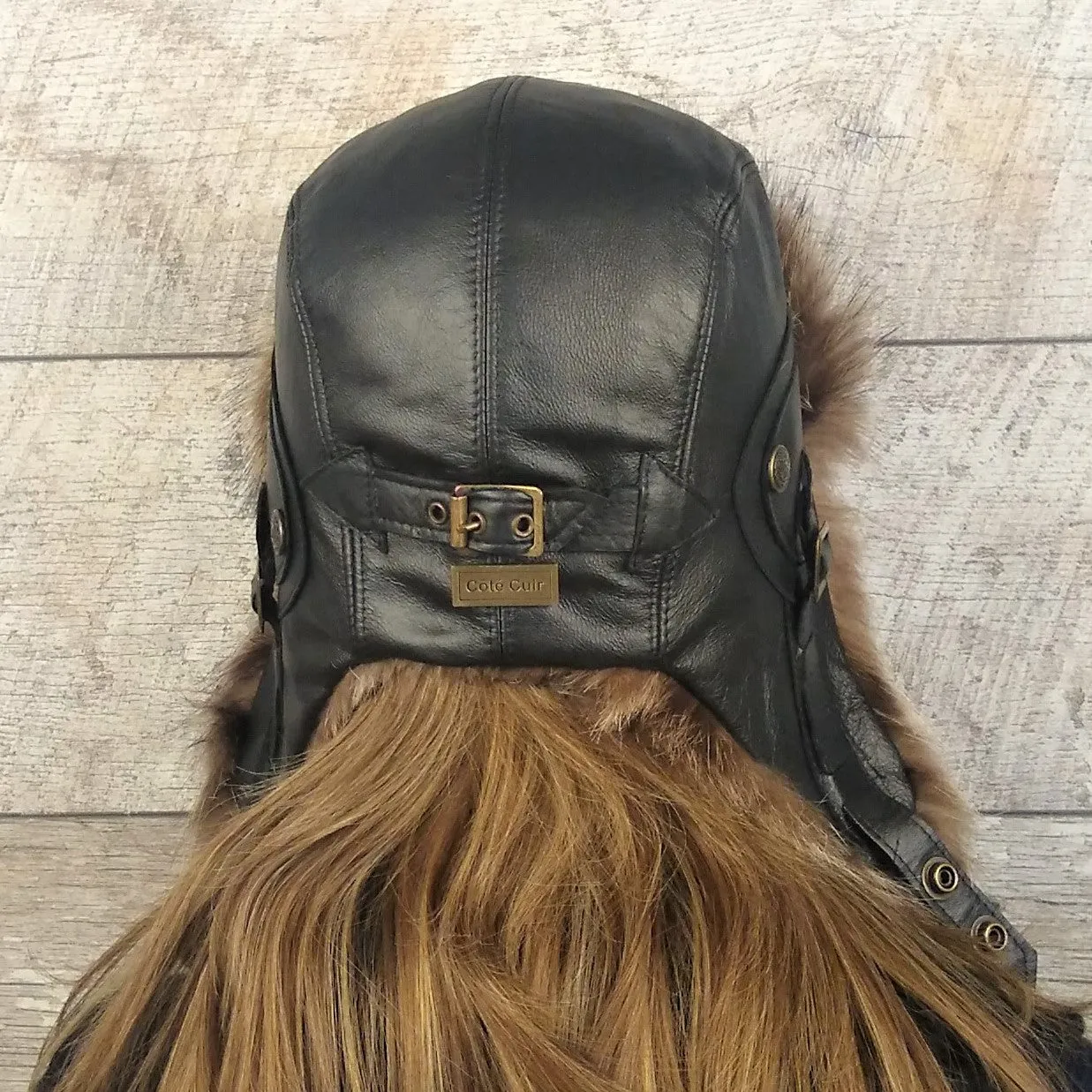 Raccoon Fur Aviator Hat, Black Leather - Antoine Model