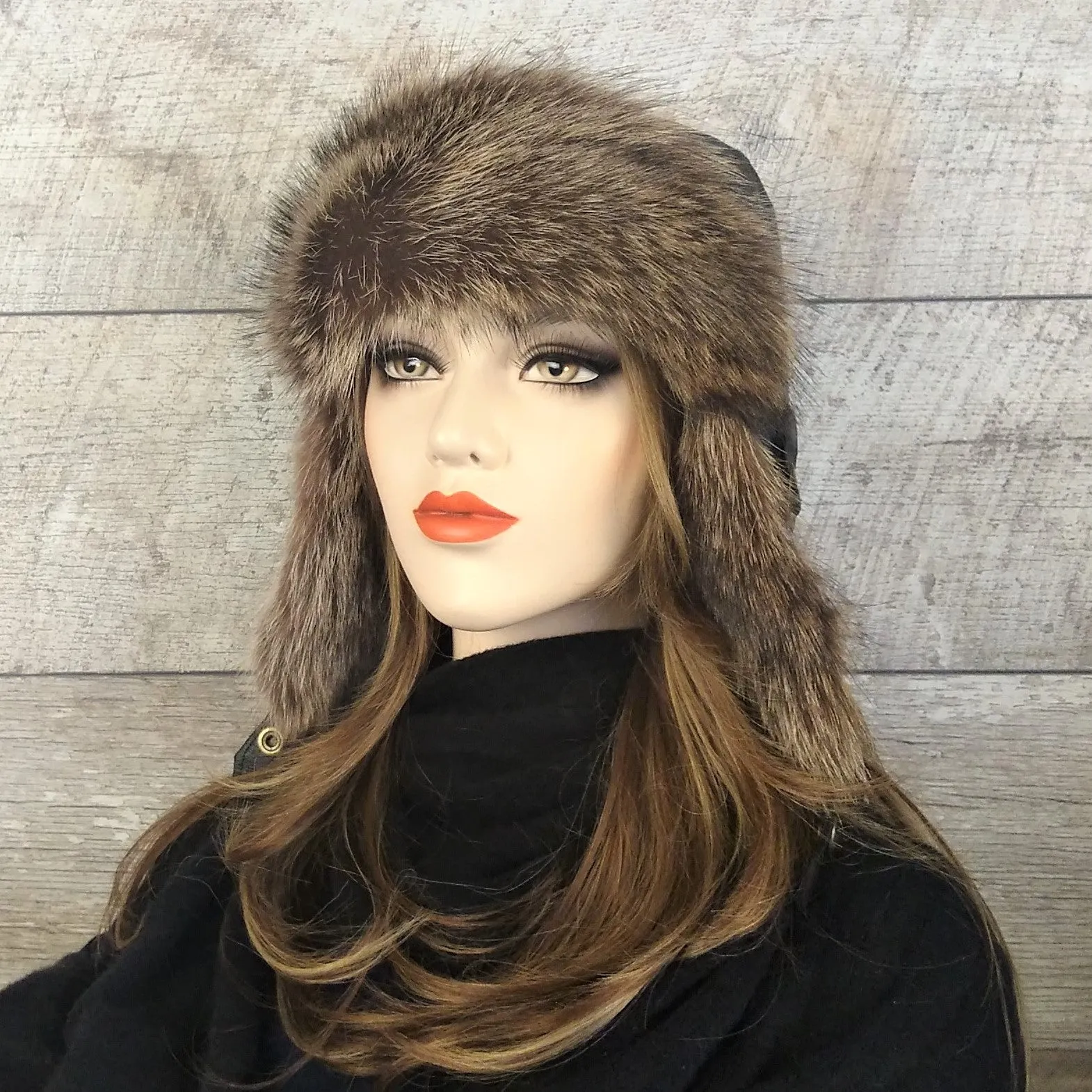 Raccoon Fur Aviator Hat, Black Leather - Antoine Model