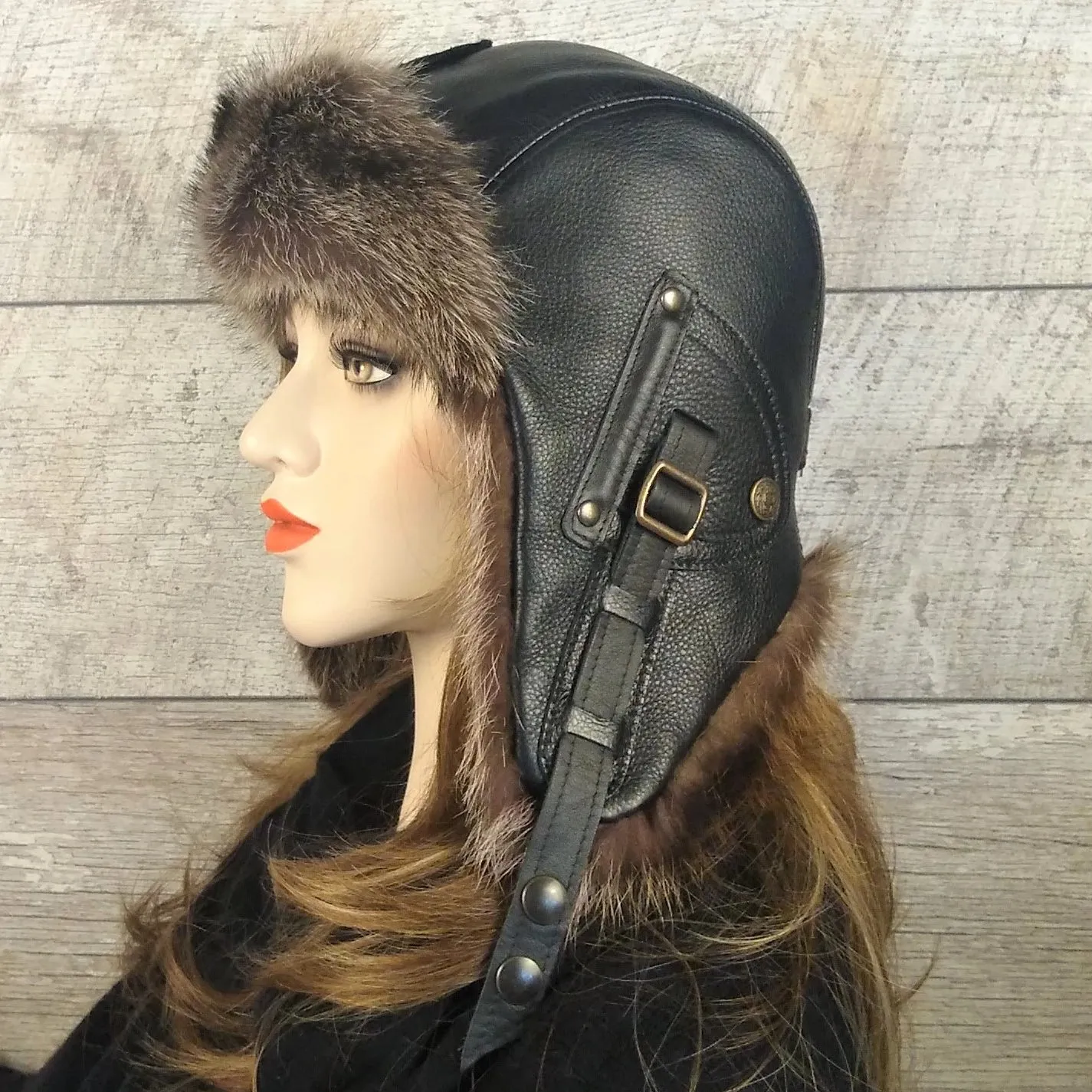 Raccoon Fur Aviator Hat, Black Leather - Antoine Model