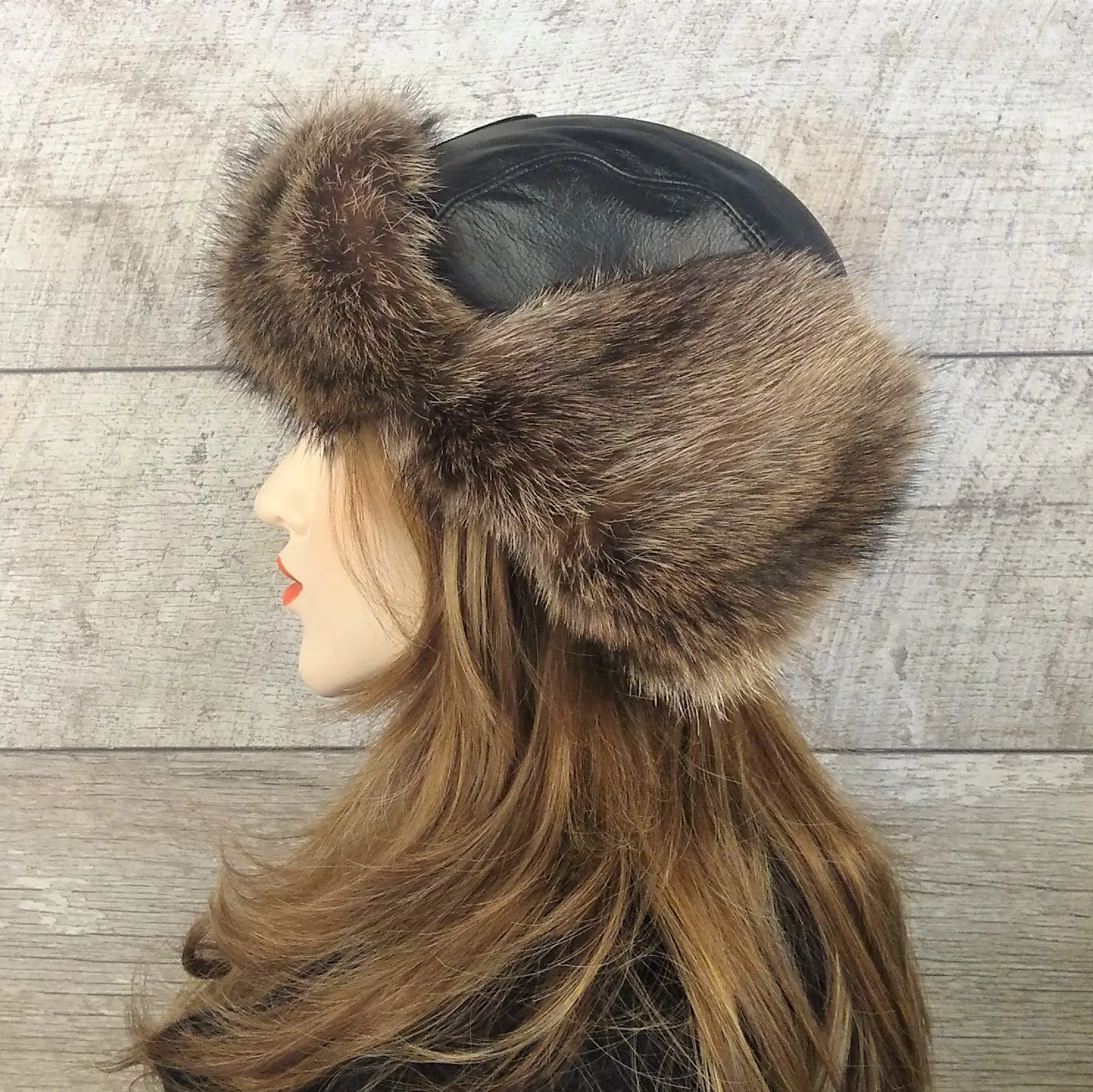 Raccoon Fur Aviator Hat, Black Leather - Antoine Model