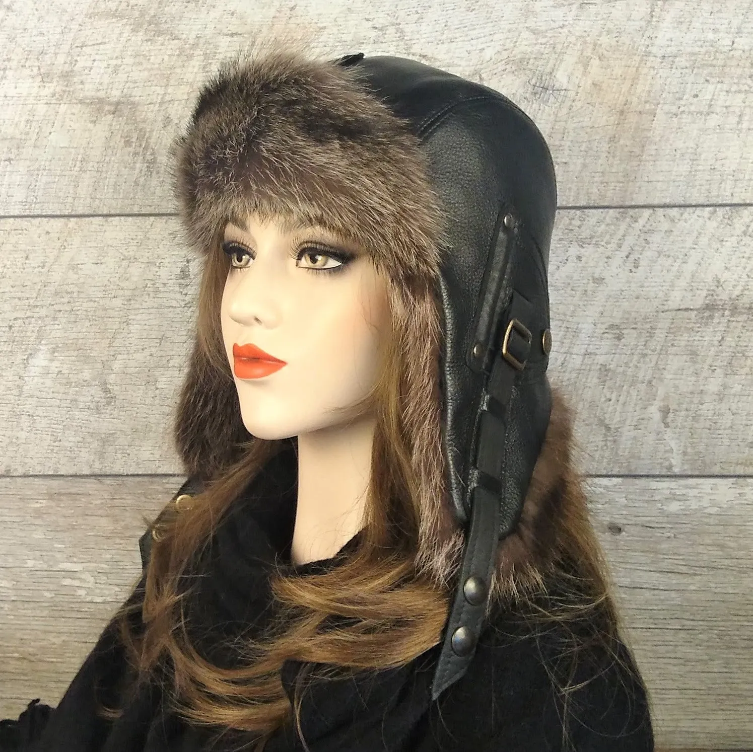 Raccoon Fur Aviator Hat, Black Leather - Antoine Model