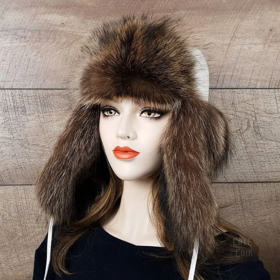 Raccoon Fur Trapper Hat, White Leather