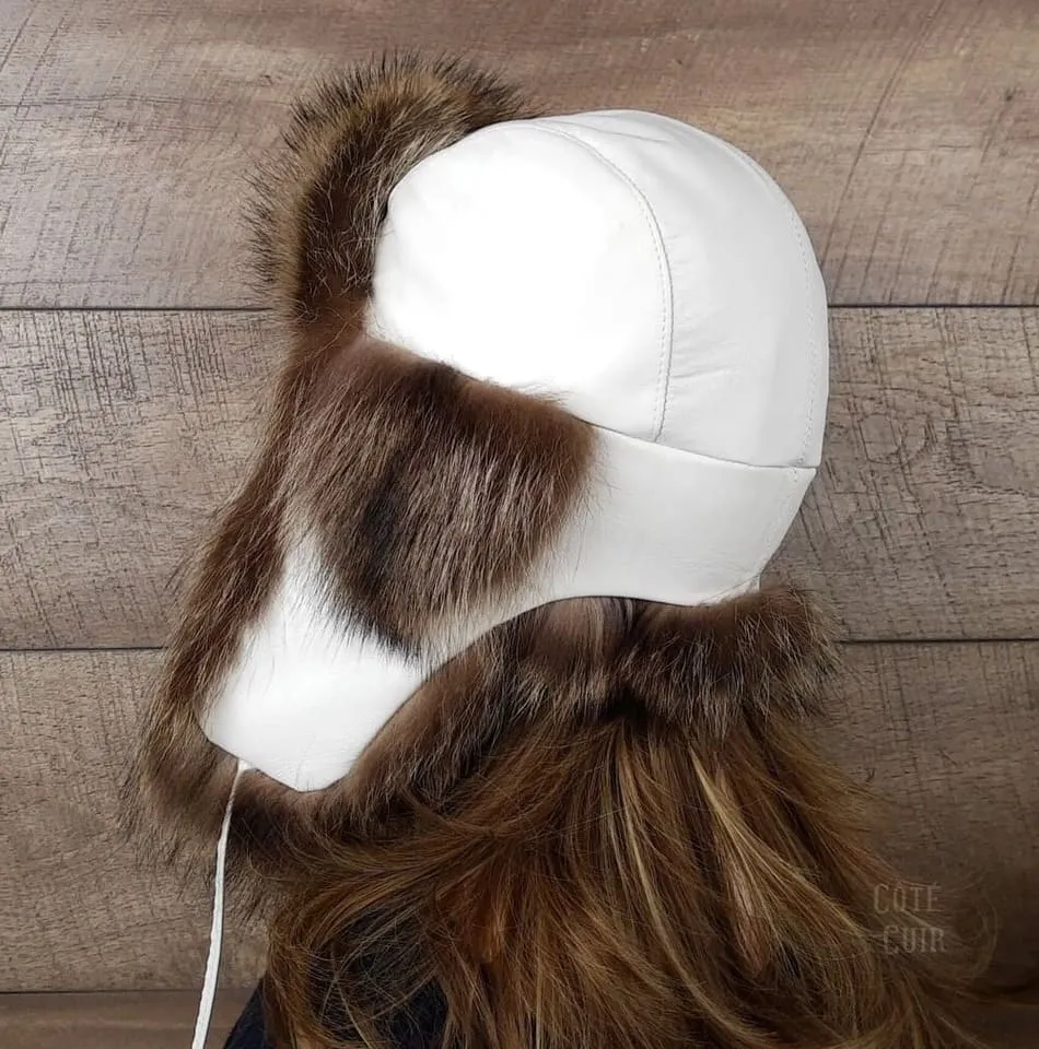 Raccoon Fur Trapper Hat, White Leather