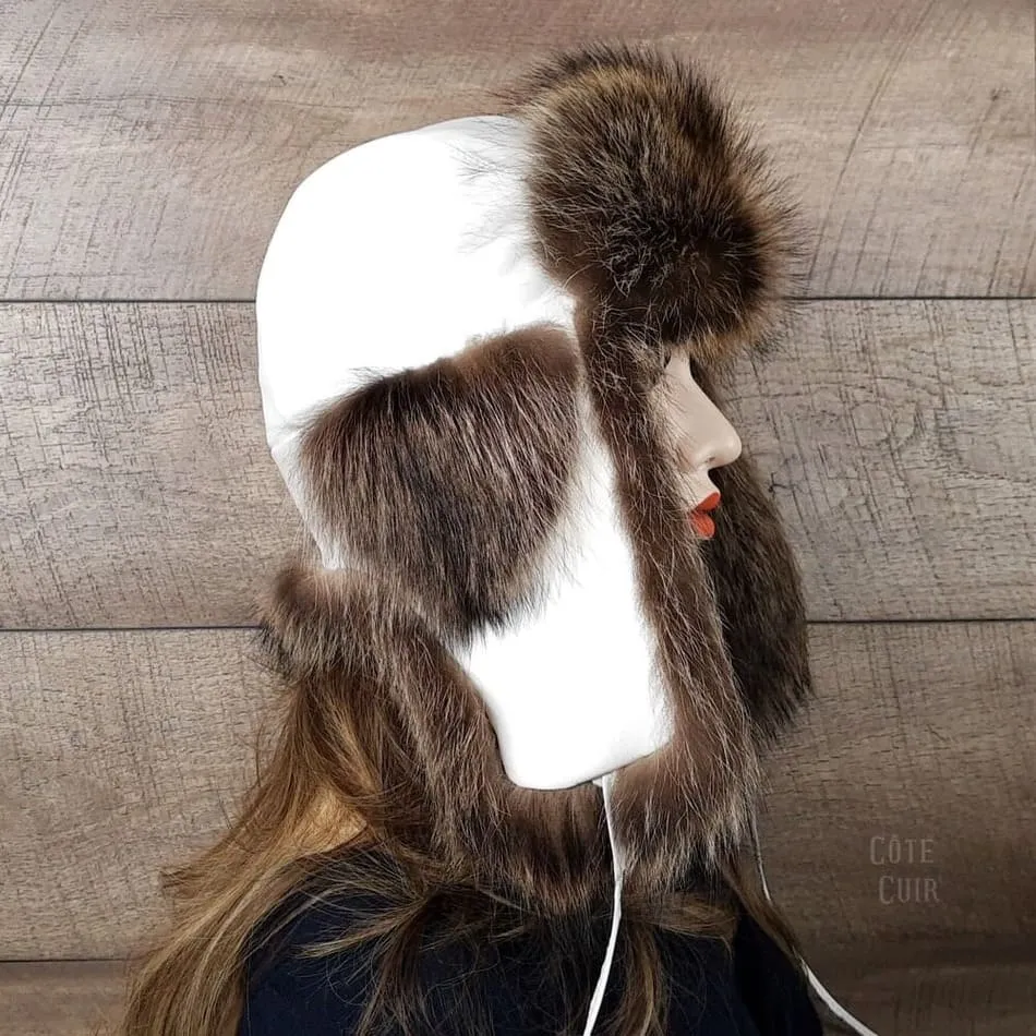 Raccoon Fur Trapper Hat, White Leather