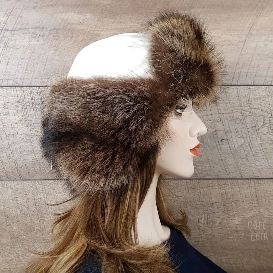 Raccoon Fur Trapper Hat, White Leather