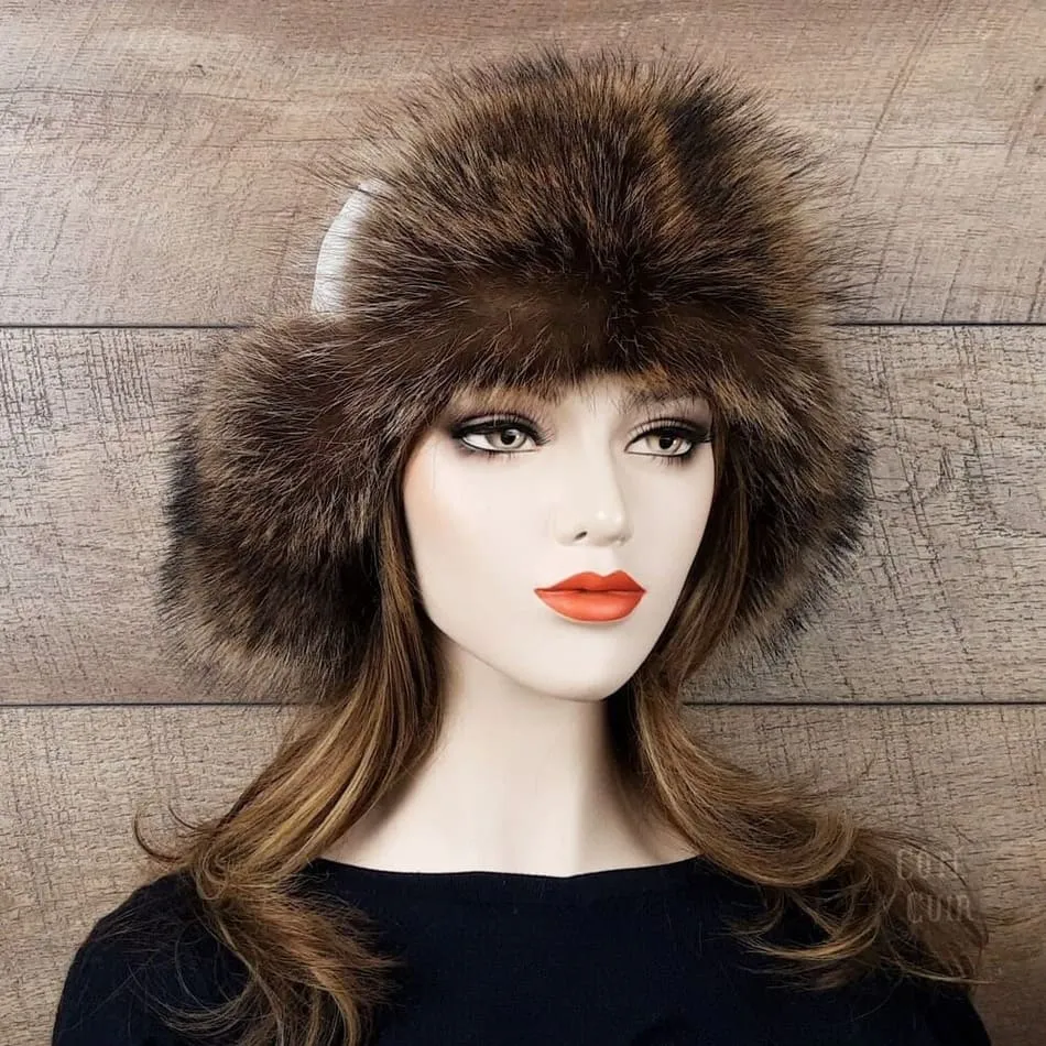 Raccoon Fur Trapper Hat, White Leather