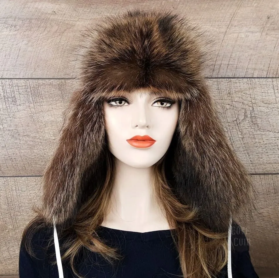 Raccoon Fur Trapper Hat, White Leather