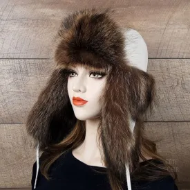 Raccoon Fur Trapper Hat, White Leather