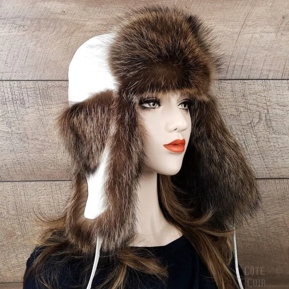 Raccoon Fur Trapper Hat, White Leather