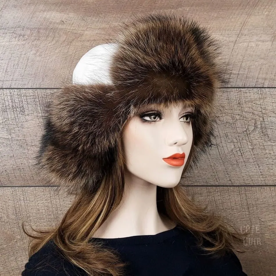 Raccoon Fur Trapper Hat, White Leather