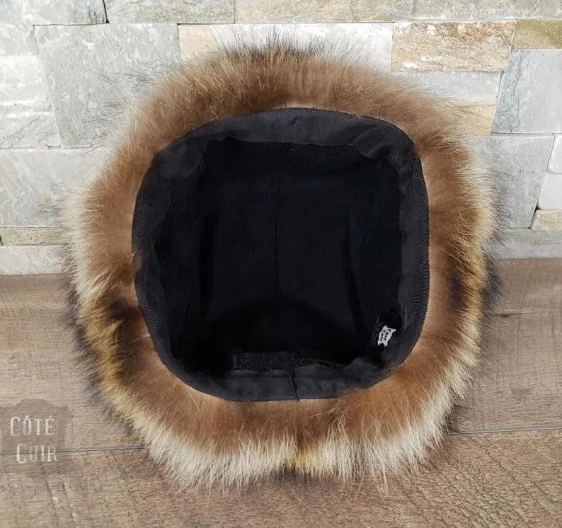 Raccoon Fur Trapper Hat, White Leather