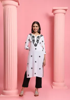 Rayon Chikankari Solid Women's Long Kurta - White