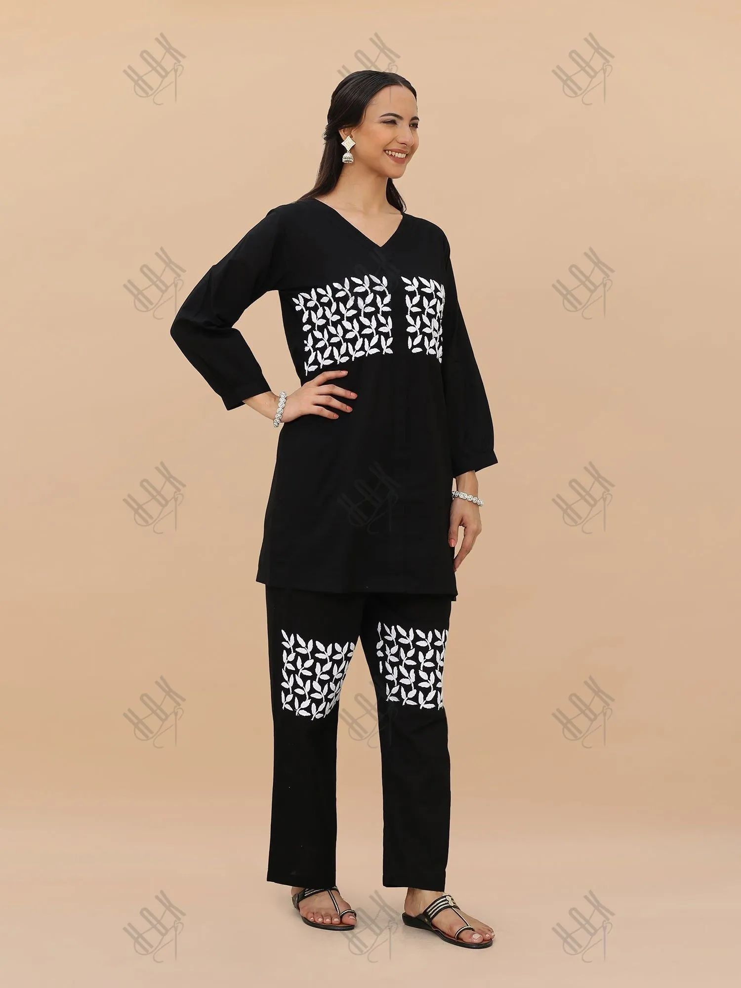 Saba Chikankari Cord Set in Cambric cotton - Black With White