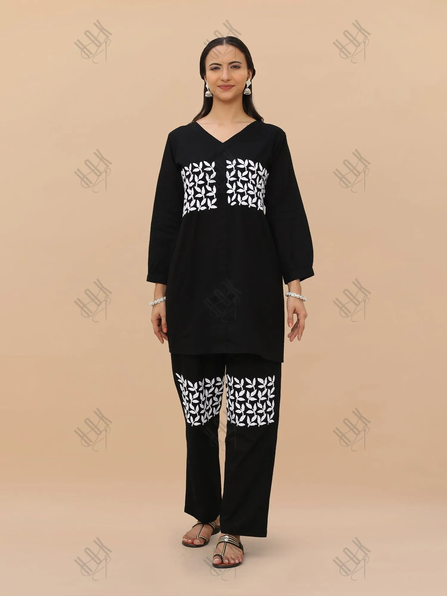 Saba Chikankari Cord Set in Cambric cotton - Black With White