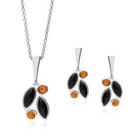 Sterling Silver Amber & Whitby Jet Leaf Pendant & Earring Set