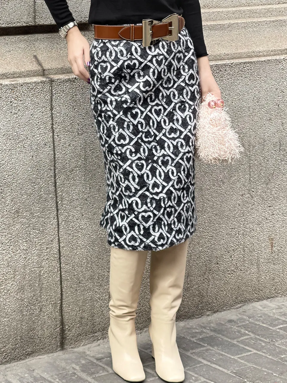 Surprise Sale! Furry Print Studded Pleat Back Straight Skirt