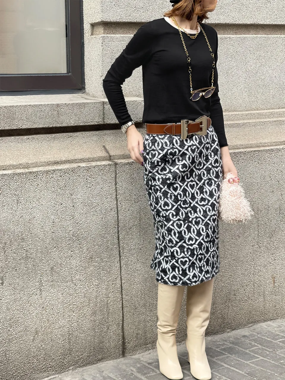 Surprise Sale! Furry Print Studded Pleat Back Straight Skirt