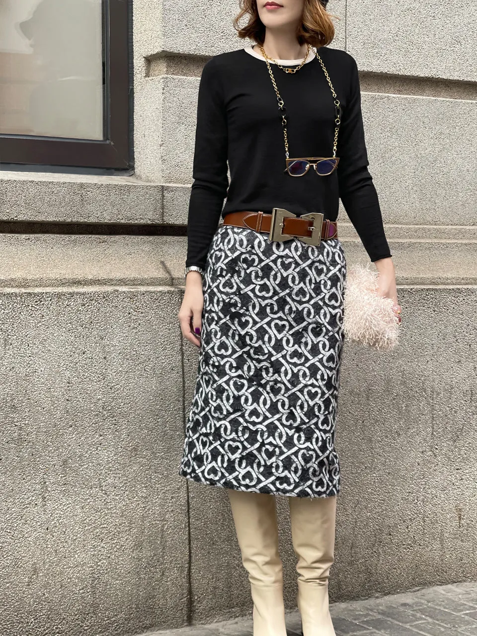Surprise Sale! Furry Print Studded Pleat Back Straight Skirt