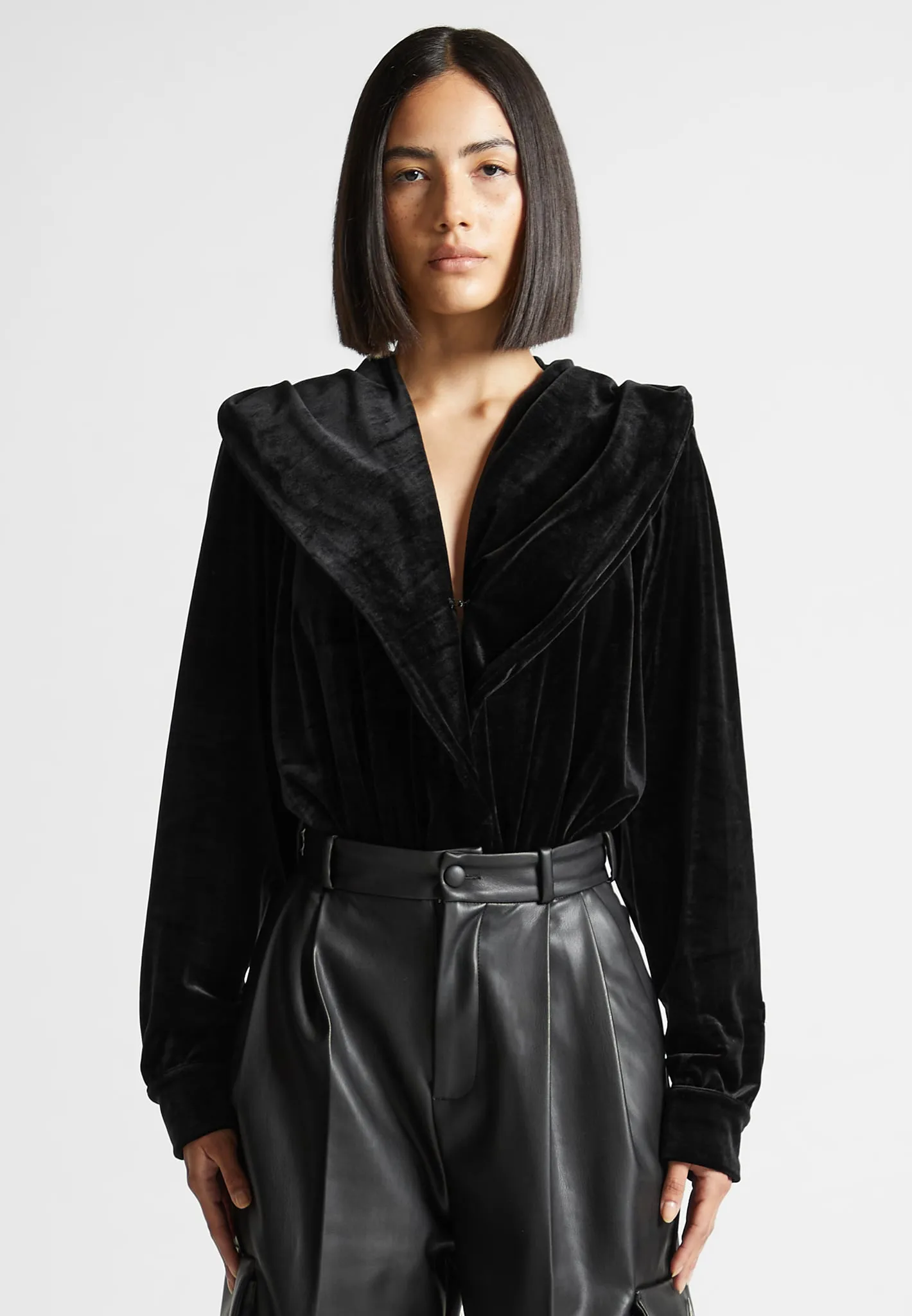 Velour Hooded Bodysuit - Black