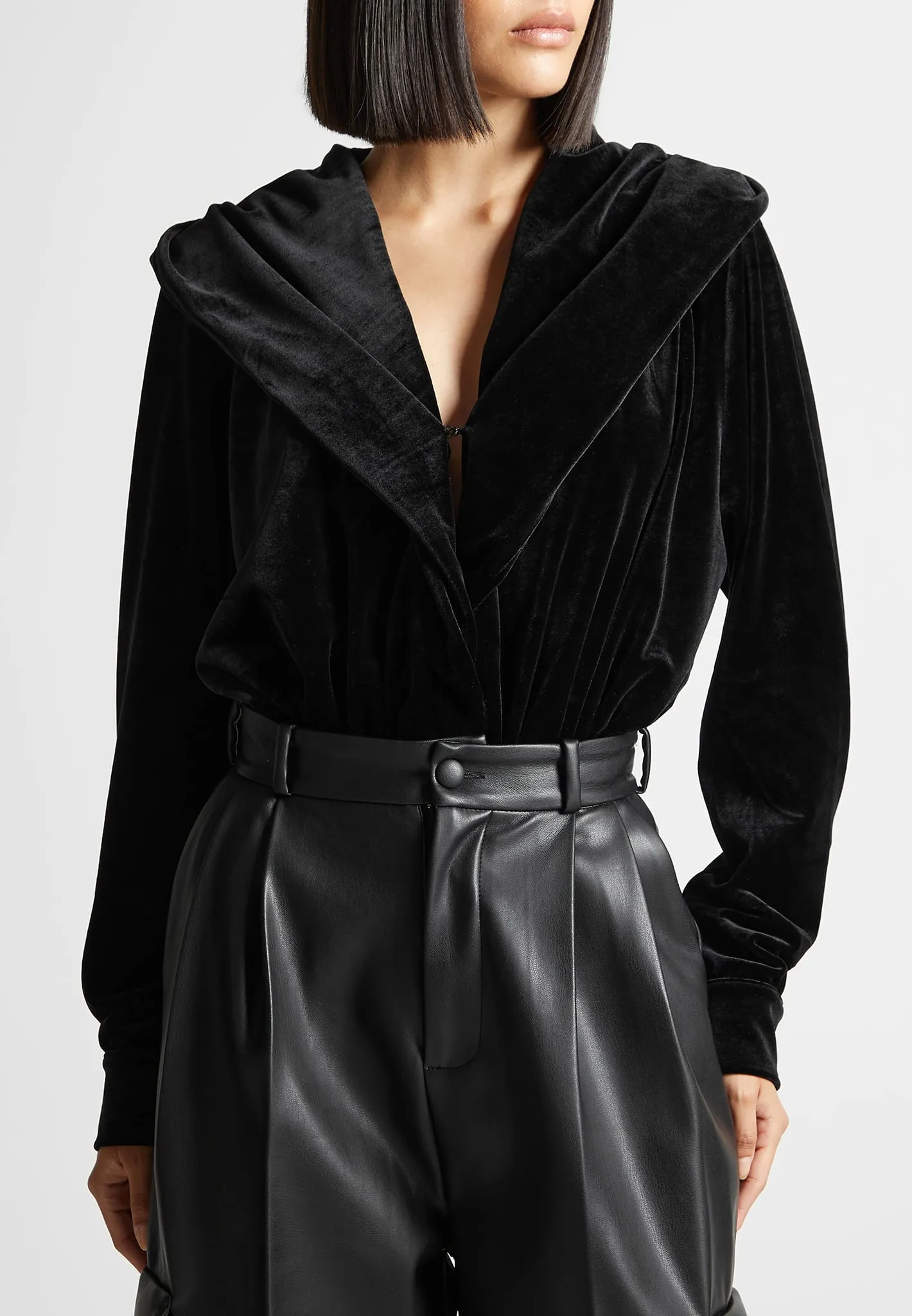 Velour Hooded Bodysuit - Black